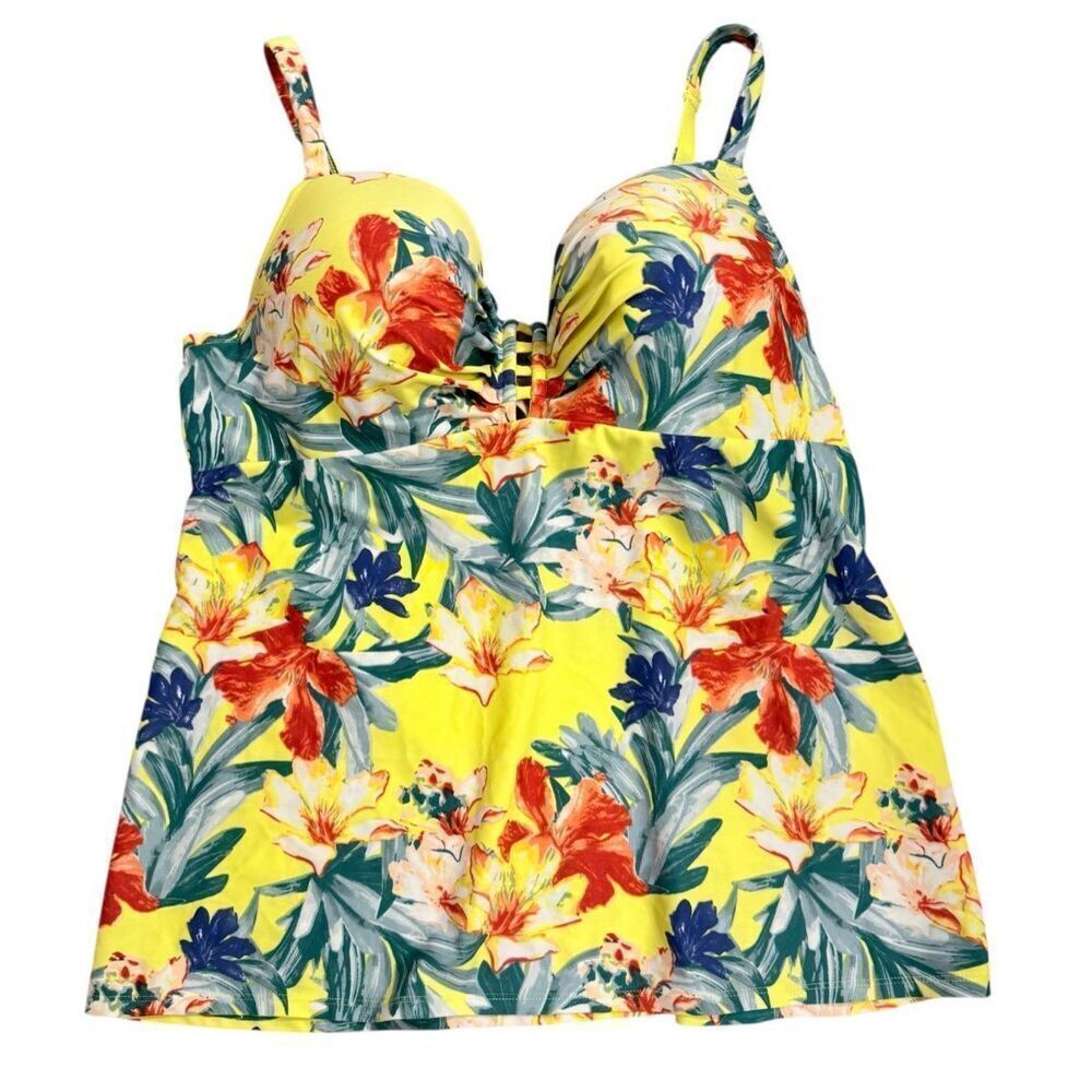 Cacique Women Tankini Swim Top In Yellow Floral Print Lattice Slit Plus Size 40C - Picture 5 of 15